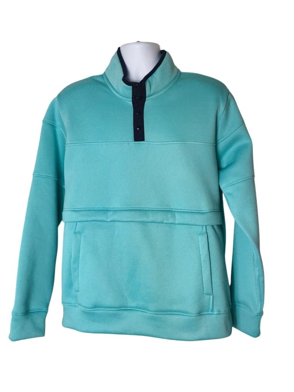 Mens L Pullover Sweatshirt Aqua Blue Fleece Snap Collar Kangaroo Pocket Winter